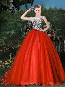 Enchanting Scoop Red Sleeveless Brush Train Appliques and Belt Sweet 16 Dresses