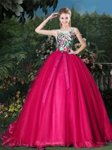 Dazzling Scoop Sleeveless Organza Brush Train Zipper Quinceanera Gown in Hot Pink with Appliques and Belt