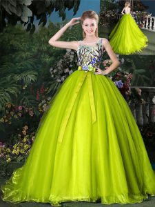 Vintage Scoop Yellow Green Lace Up Quinceanera Dress Beading and Appliques and Belt Sleeveless Court Train