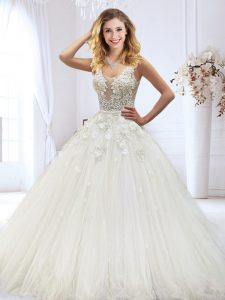 White A-line Scoop Sleeveless Tulle Floor Length Zipper Beading and Lace and Appliques Wedding Gowns