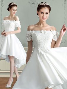 Custom Made Off the Shoulder Sleeveless High Low Lace and Bowknot Lace Up Wedding Dresses with White