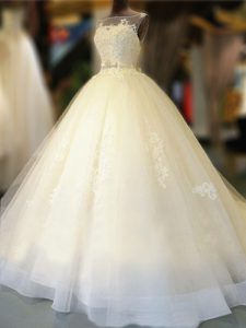 Top Selling White Tulle Backless Bateau Sleeveless With Train Wedding Gowns Court Train Appliques and Bowknot