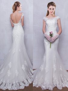 Clearance Mermaid Scoop White Cap Sleeves With Train Lace Backless Wedding Dresses