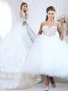 Scoop Long Sleeves Bridal Gown With Train Chapel Train Lace and Appliques White Tulle