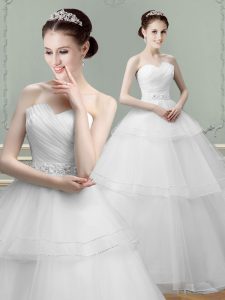Sweetheart Sleeveless Bridal Gown Floor Length Beading and Ruching White Tulle
