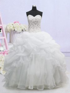 White Ball Gowns Beading and Pick Ups Wedding Gowns Lace Up Organza Sleeveless