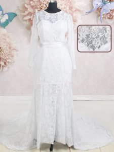 Edgy Scoop Lace With Train Empire Long Sleeves White Wedding Gown Brush Train Zipper