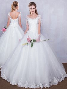 Classical White Short Sleeves Lace Floor Length Wedding Dress
