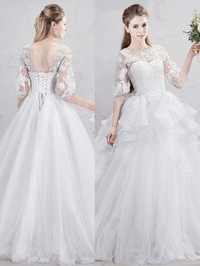 Dynamic Scoop Half Sleeves With Train Lace and Ruffles Lace Up Wedding Gown with White Brush Train