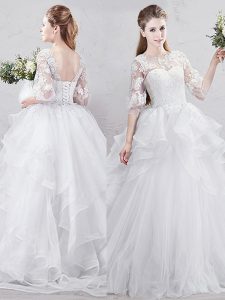 New Arrival Scoop White Tulle Lace Up Wedding Dress Half Sleeves With Brush Train Lace and Ruffles
