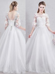 Extravagant Scoop White Lace Up Wedding Dress Lace and Appliques Half Sleeves Floor Length