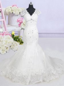 Elegant Mermaid V-neck Cap Sleeves Brush Train Lace Up Wedding Dress White Tulle