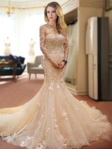 Comfortable Mermaid Champagne Bridal Gown Wedding Party and For with Appliques and Hand Made Flower Sweetheart Sleeveles