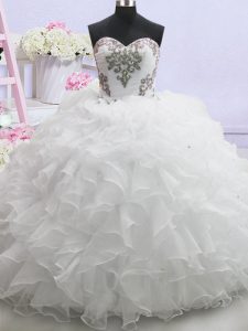 Ruffled Brush Train Ball Gowns Wedding Gowns White Sweetheart Organza Sleeveless With Train Lace Up
