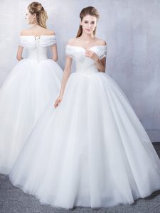 Off the Shoulder Ruffled White Tulle Lace Up Wedding Gown Short Sleeves Floor Length Ruching
