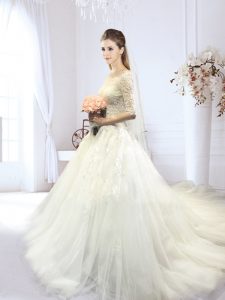 Off the Shoulder Half Sleeves Court Train Lace Up With Train Lace and Appliques Bridal Gown