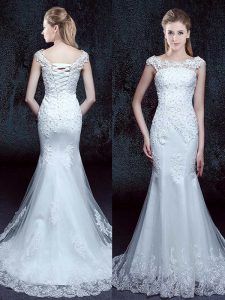 Extravagant Mermaid Scoop Cap Sleeves Brush Train Lace Up With Train Lace Bridal Gown