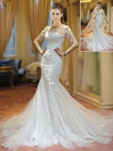 Simple Mermaid Scoop Half Sleeves Tulle Wedding Dresses Appliques Brush Train Lace Up