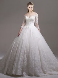 Cathedral Train Ball Gowns Bridal Gown White Off The Shoulder Tulle Half Sleeves Zipper