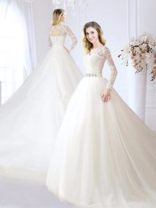 Shining White Long Sleeves With Train Beading and Lace Lace Up Bridal Gown