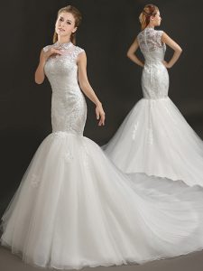 Mermaid With Train Zipper Bridal Gown White for Wedding Party with Lace and Appliques Court Train