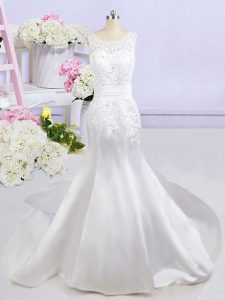 Great Mermaid Scoop White Satin Backless Wedding Gowns Sleeveless Court Train Beading and Lace and Appliques