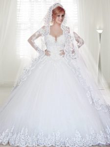 Off the Shoulder Long Sleeves With Train Zipper Wedding Dress White for Wedding Party with Beading and Lace and Applique