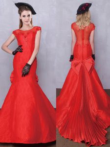 Mermaid Scoop Red Short Sleeves Lace and Bowknot and Pleated Zipper Bridal Gown
