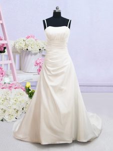 Unique White Zipper Bridal Gown Ruching Sleeveless Brush Train