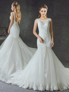 Mermaid White Wedding Dress Wedding Party and For with Lace and Appliques Scoop Sleeveless Court Train Lace Up