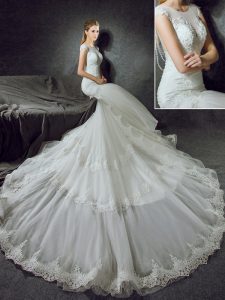 Fitting Mermaid White Side Zipper Scoop Lace Wedding Dress Tulle Sleeveless Court Train