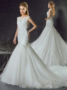 Custom Made Mermaid Scoop Sleeveless Court Train Lace and Appliques Side Zipper Wedding Dress