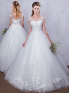 Low Price Straps White Tulle Lace Up V-neck Sleeveless Floor Length Wedding Dresses Lace and Appliques