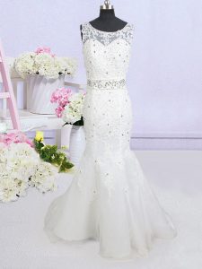 Mermaid White Wedding Gown Wedding Party and For with Beading and Lace and Appliques and Bowknot Scoop Sleeveless Brush 