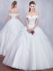 Off the Shoulder Sleeveless Beading and Ruffles Lace Up Wedding Gowns