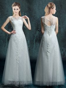Tulle and Lace Scoop Sleeveless Lace Up Appliques Wedding Dresses in White