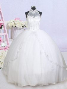Halter Top Sleeveless Tulle With Brush Train Lace Up Wedding Gowns in White with Beading and Appliques