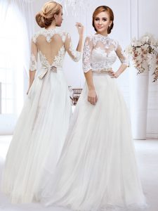 Top Selling Sweetheart Shape Back White Empire Lace and Belt Bridal Gown Side Zipper Tulle Half Sleeves Floor Length