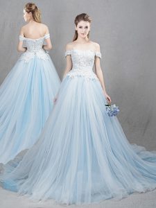 Off the Shoulder Light Blue Sleeveless With Train Appliques Lace Up Wedding Gowns