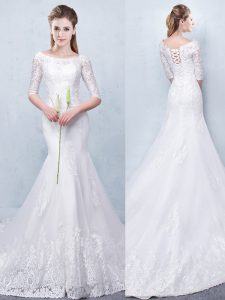 Mermaid White Scoop Neckline Lace Bridal Gown Half Sleeves Lace Up