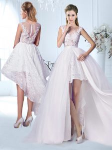 Luxury See Through White Tulle Zipper Scoop Cap Sleeves Floor Length Wedding Dress Lace and Appliques
