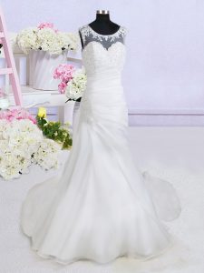 See Through White Mermaid Organza Scoop Sleeveless Beading and Appliques With Train Backless Wedding Gowns Brush Train