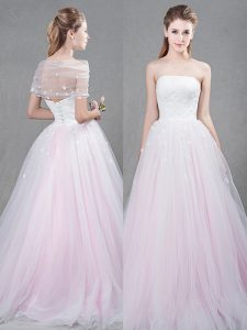 Elegant Pink Tulle Lace Up Wedding Dresses Sleeveless With Brush Train Appliques