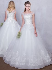 Scoop Tulle Cap Sleeves Floor Length Wedding Dresses and Lace