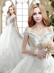 White Off The Shoulder Lace Up Beading and Lace Bridal Gown Court Train Sleeveless