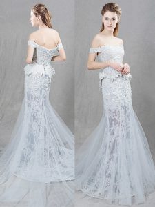 Glorious Mermaid Off the Shoulder White Sleeveless With Train Lace and Appliques Lace Up Bridal Gown