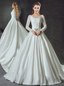 White V-neck Lace Up Lace and Belt Wedding Dresses Chapel Train Long Sleeves