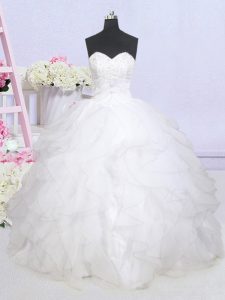 Ruffled Ball Gowns Sleeveless White Wedding Gowns Brush Train Lace Up
