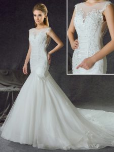Free and Easy Mermaid Scoop With Train White Wedding Gown Tulle Chapel Train Sleeveless Lace and Appliques
