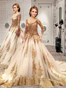 Customized With Train Lace Up Wedding Dress Champagne for Wedding Party with Appliques and Sequins Court Train